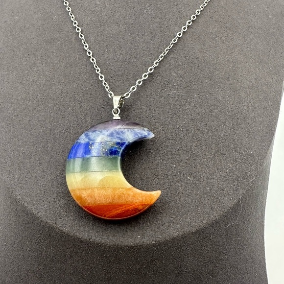 Chakra Moon Pendant Necklace on Silver Copper Chain - Picture 3 of 13